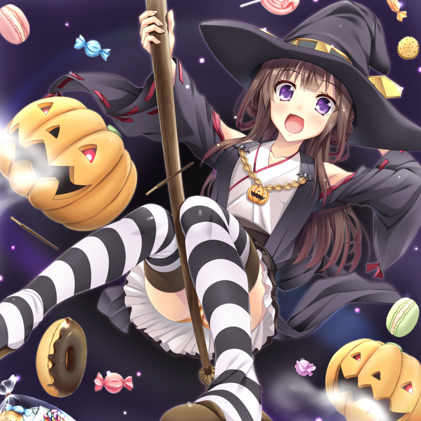 1girl, broom, brown_hair, halloween, hat, highres, jack-o'-lantern, kantai_collection