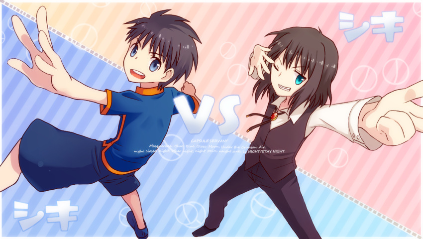 2boys, alternate_costume, amano-sora, black_hair, blue_eyes, bowtie, child, fangs