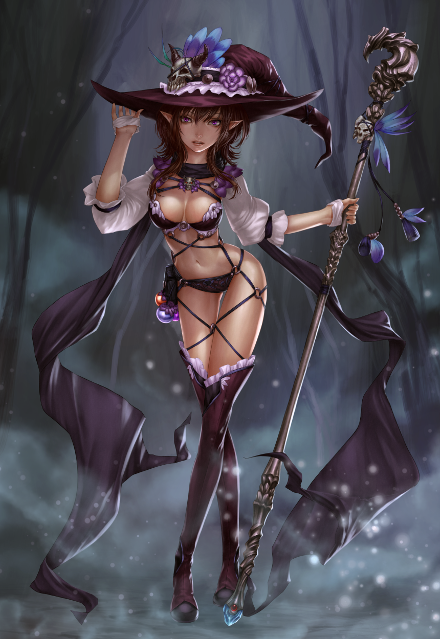 1girl, black_legwear, boots, breasts, brown_hair, cleavage, fantasy, highres