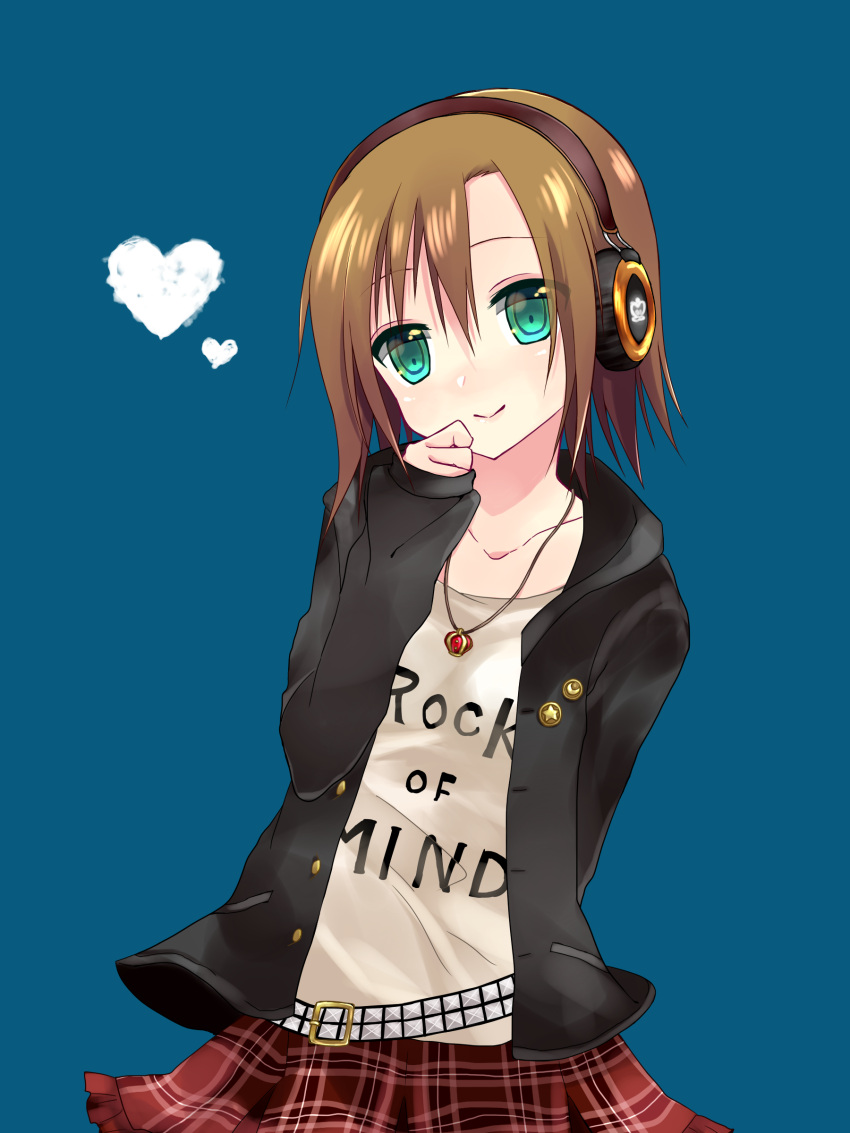 1girl, absurdres, brown_hair, casual, green_eyes, head_tilt, headphones, heart, highres, hooded_jacket, idolmaster, idolmaster_cinderella_girls, jewelry, kamichi_miyaki, looking_at_viewer, necklace, plaid, plaid_skirt, pleated_skirt, short_hair, simple_background, skirt, smile, solo, tada_riina