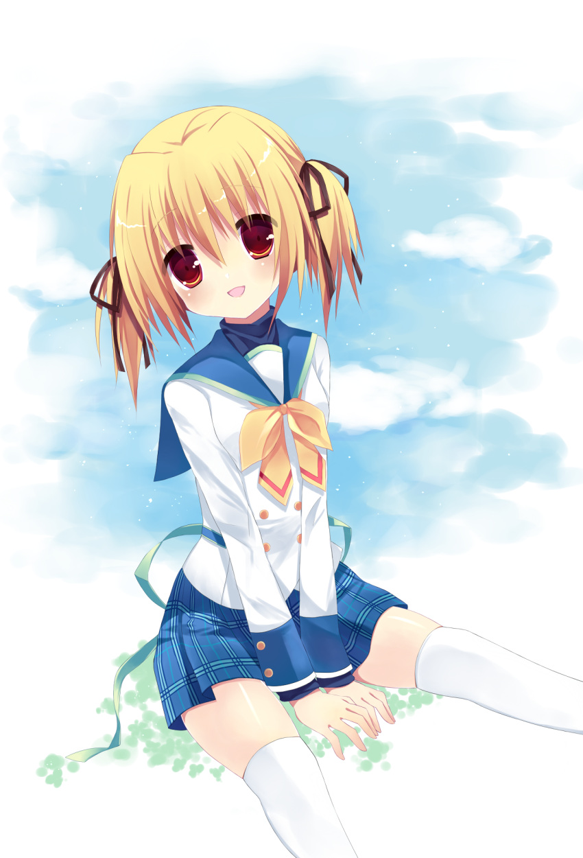 1girl, :d, blonde_hair, bow, clover_point, hair_bow, hair_ribbon, head_tilt