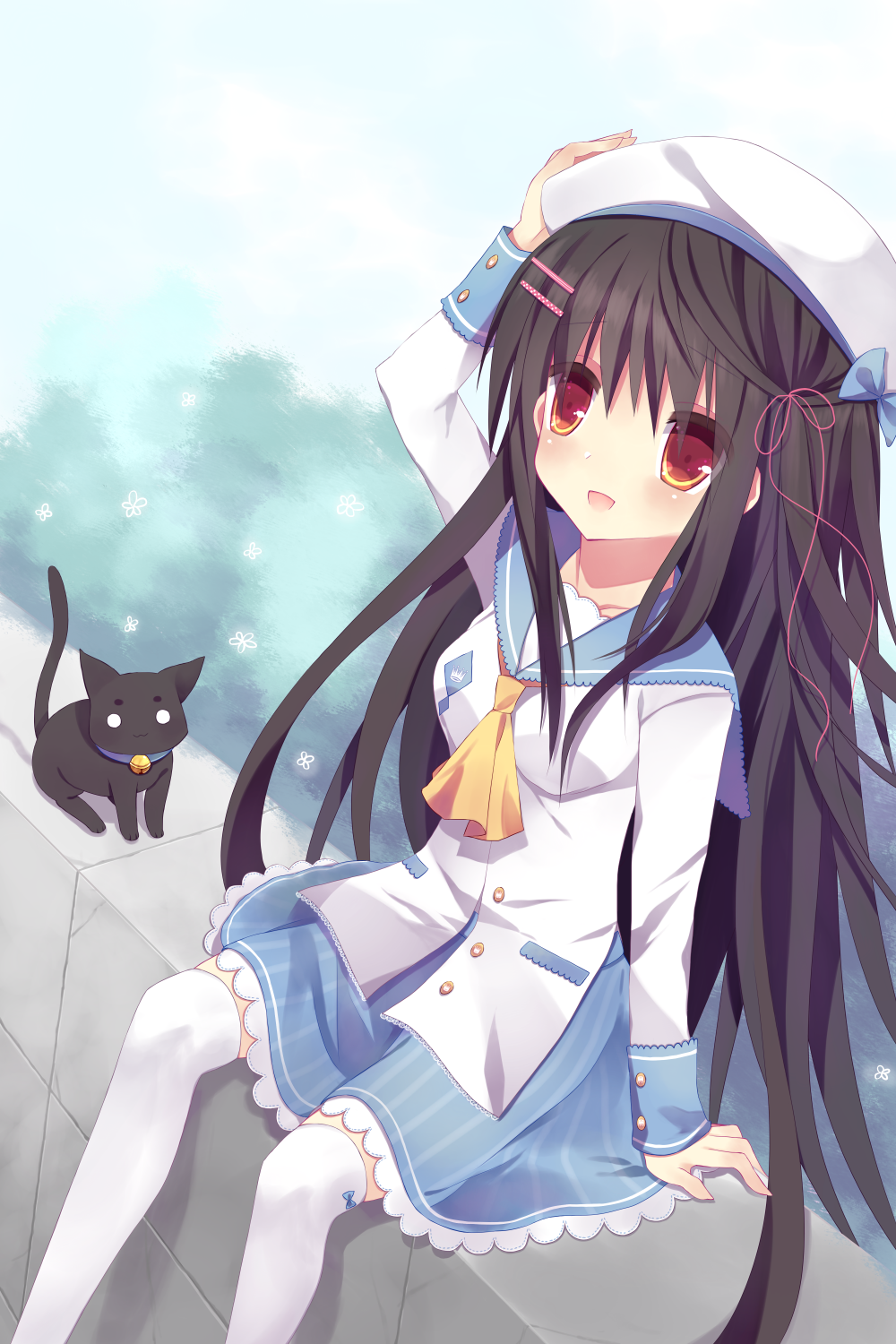 1girl, :d, black_hair, bow, brown_eyes, cat, hair_bow, hair_ornament