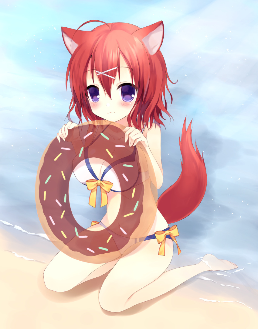 1girl, :3, absurdres, ahoge, amairo_islenauts, animal_ears, beach, bikini
