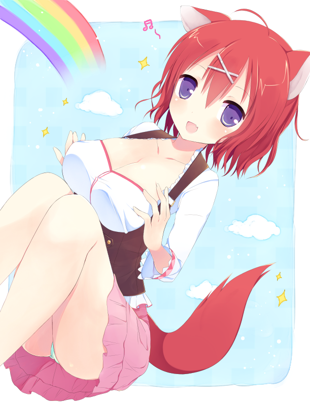 1girl, :d, ahoge, amairo_islenauts, animal_ears, breasts, cleavage, fang