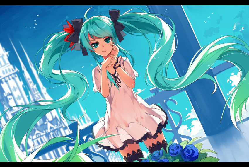 1girl, ahoge, aqua_eyes, aqua_hair, baisi_shaonian, blue_rose, bracelet, dress