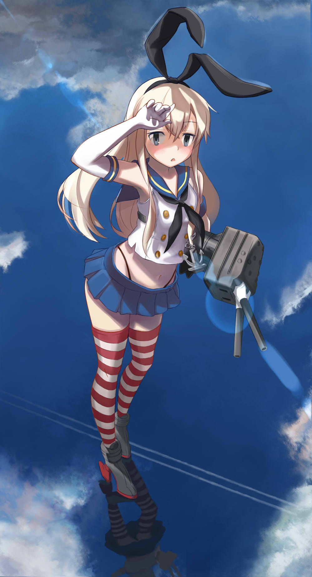 1girl, anchor, blonde_hair, blue_eyes, blue_skirt, blush, elbow_gloves, gloves