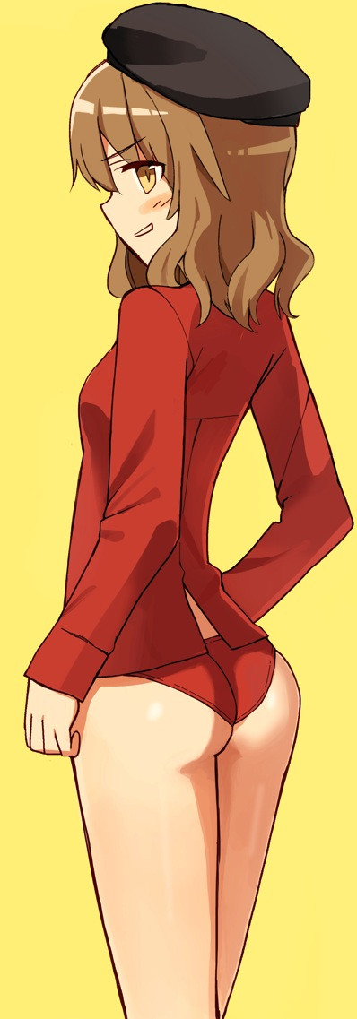 1girl, ass, blush, brown_eyes, brown_hair, dress_shirt, fernandia_malvezzi, from_behind
