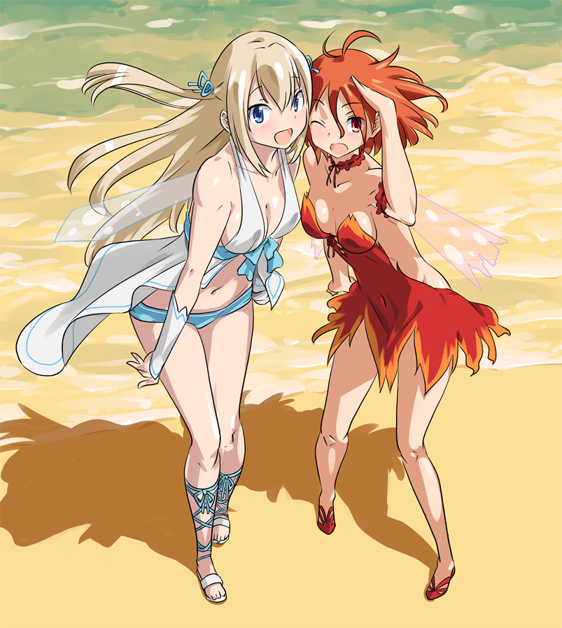 2girls, amagi_brilliant_park, antenna_hair, beach, blonde_hair, blue_eyes, blush, long_hair