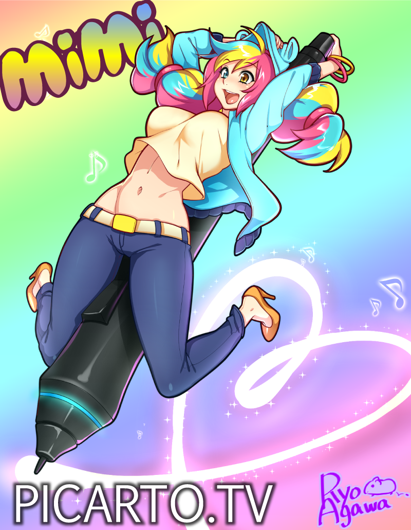 1girl, agawa_ryou, artist_name, bangle, belt, blonde_hair, blue_eyes, blue_hair, bracelet, breasts, character_name, denim, gradient_hair, heterochromia, high_heels, hoodie, jeans, jewelry, long_hair, mascot, midriff, mimi_(picarto.tv), multicolored_hair, navel, open_clothes, open_hoodie, orange_eyes, pants, picarto.tv, pink_hair, solo, straddling, stylus, twintails