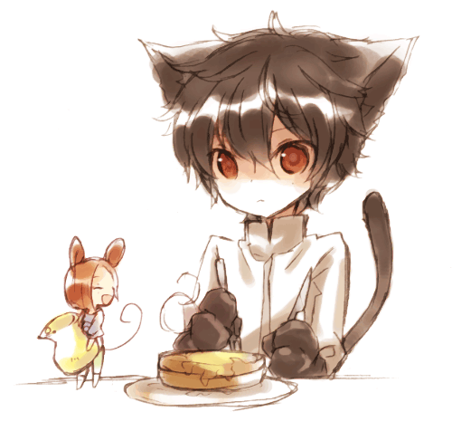 bad_id, brown_hair, cat_ears, cat_paws, cat_tail, food, gundam, gundam_00