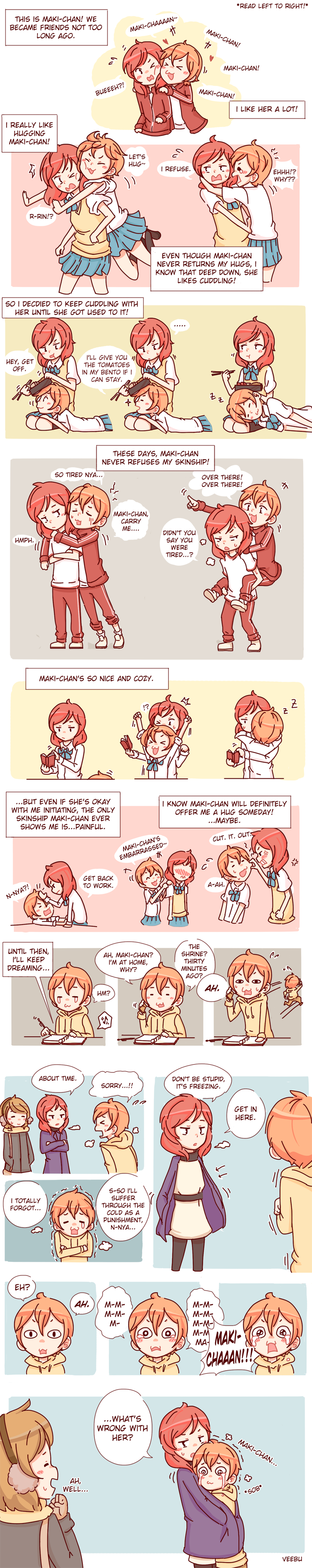 3girls, :3, absurdres, comic, english, glomp, highres, hoshizora_rin, hug, koizumi_hanayo, lap_pillow, long_image, love_live!_school_idol_project, multiple_girls, nishikino_maki, piggyback, stitched, tagme, tall_image, veebu