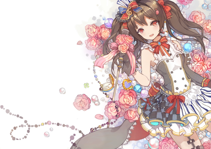 1girl, asymmetric_gloves, black_gloves, black_hair, blush, clover, flower, four-leaf_clover