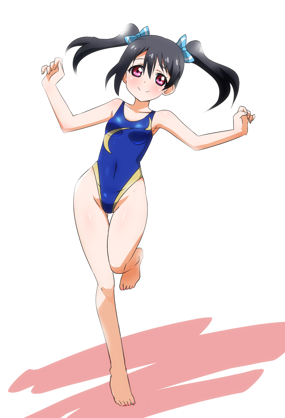 1girl, black_hair, blue_hair_bow, blue_swimsuit, female_focus, hair_bow, hair_ornament, happy, highres, looking_at_viewer, love_live!_school_idol_project, one-piece_swimsuit, pink_eyes, pink_nails, short_hair, smile, solo, twintails, yazawa_nico, yumekaranigeruna