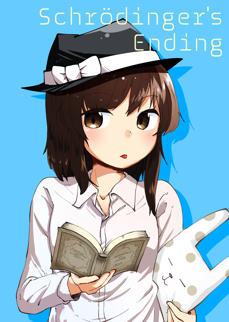 1girl, akeno_(akenosora), book, bow, brown_eyes, brown_hair, cat, english