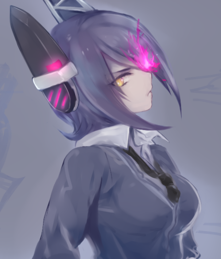 glowing, glowing_eye, kantai_collection, looking_at_viewer, looking_to_the_side, school_uniform, solo, tenryuu_(kantai_collection)