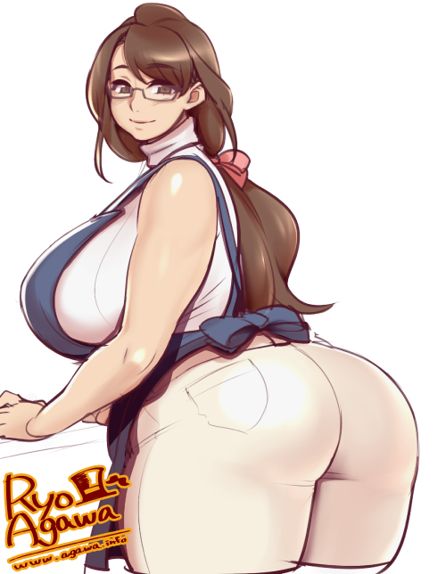 1girl, agawa_ryou, apron, ass, breasts, brown_eyes, brown_hair, character_request, curvy, glasses, huge_breasts, kirihara_jyazue, long_hair, original, ponytail, semi-rimless_glasses, smile, solo, thick_thighs, thighs, under-rim_glasses