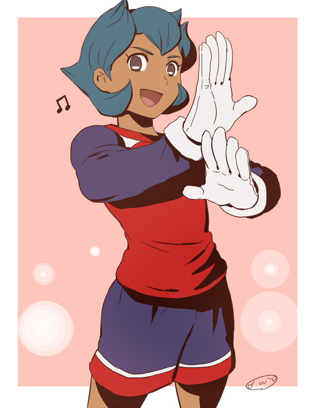 1boy, aqua_hair, beamed_quavers, cowboy_shot, dark_skin, gloves, goalkeeper, inazuma_eleven