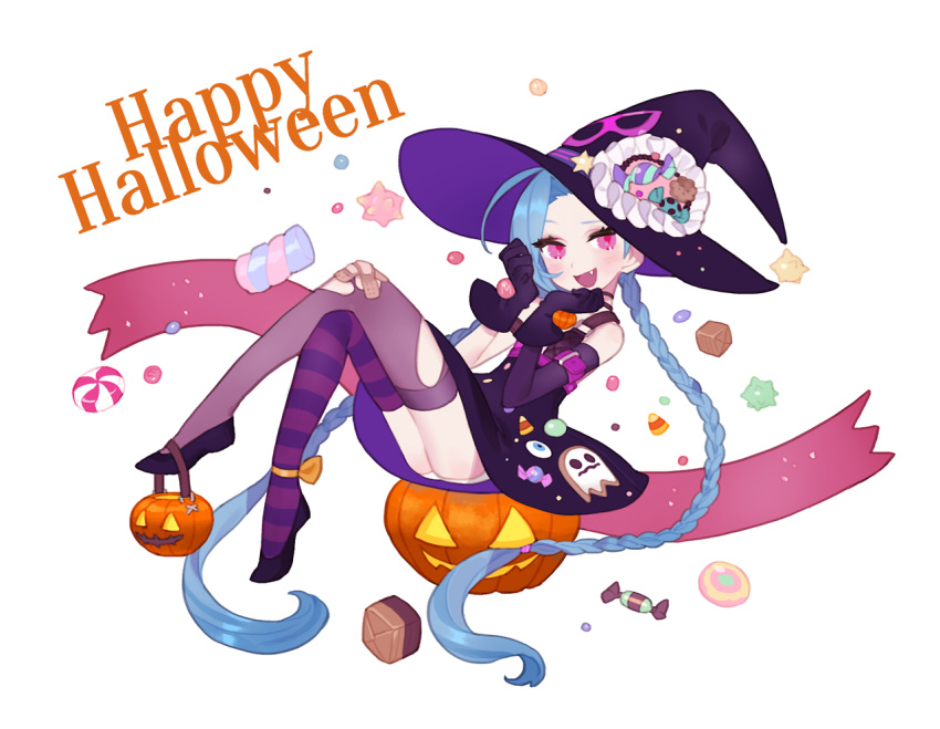 1girl, :d, asymmetrical_legwear, black_gloves, blue_hair, braid, candy, crossed_bandaids