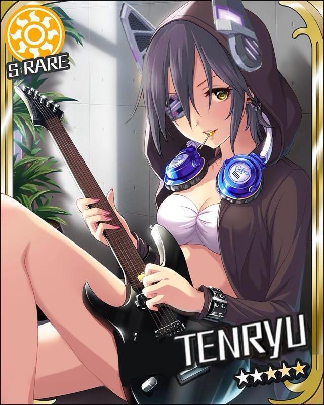 1girl, candy, card_(medium), character_name, cinderella_girls_card_parody, earrings, eyepatch, guitar