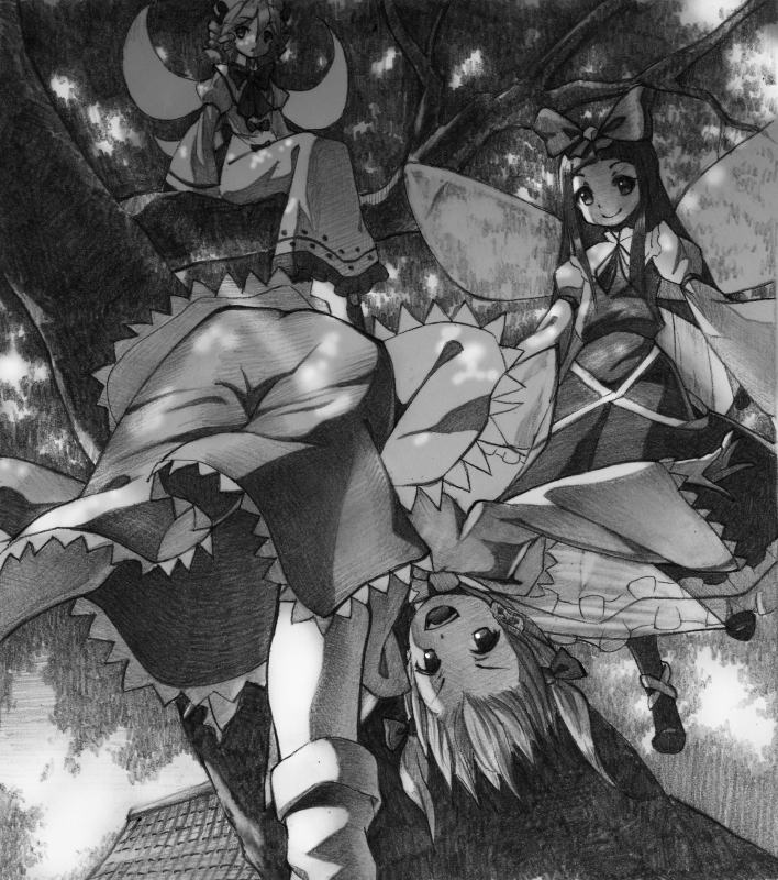 3girls, arms_at_sides, blouse, bow, bowtie, drill_hair, fairy, fairy_wings