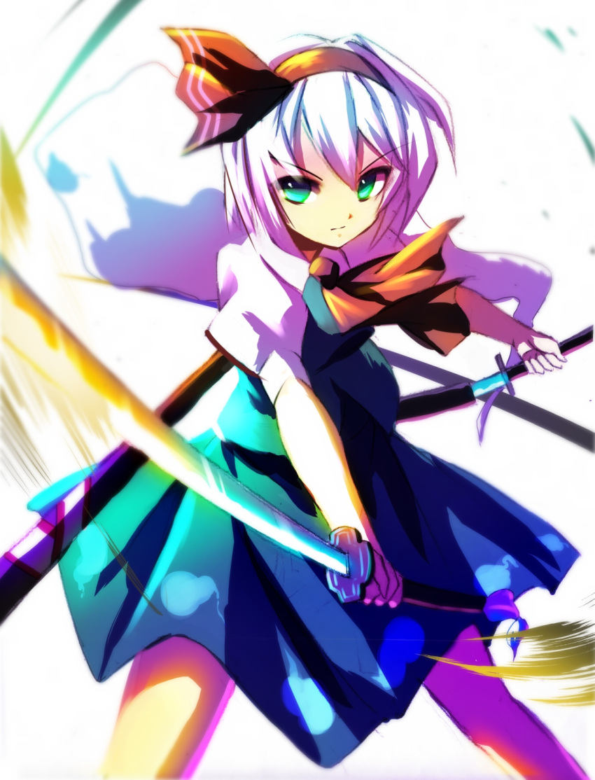 1girl, ascot, blouse, cowboy_shot, dual_wielding, green_eyes, hairband, highres, katana, konpaku_youmu, konpaku_youmu_(ghost), motion_blur, mukago, puffy_sleeves, scabbard, sheath, short_hair, skirt, skirt_set, solo, sword, touhou, vest, weapon, white_hair