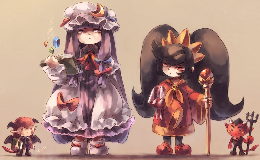 3girls, ashley, baton, black_hair, book, capelet, coat, crescent