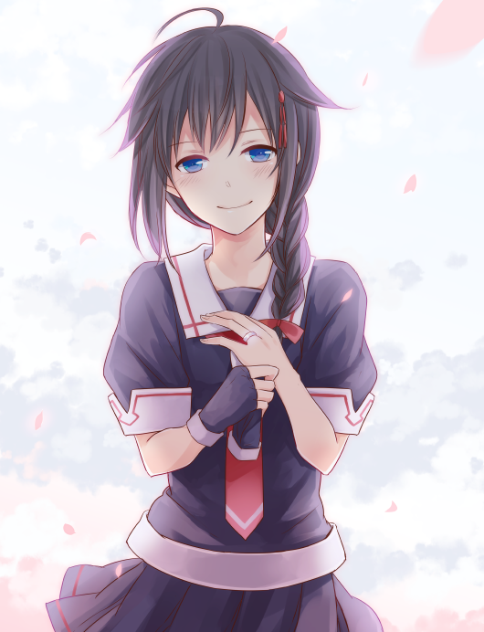 1girl, ahoge, black_gloves, black_hair, black_skirt, braid, cherry_blossoms, commentary_request, fingerless_gloves, gloves, hair_flaps, hair_ornament, hair_ribbon, jewelry, kantai_collection, long_hair, looking_at_viewer, necktie, pleated_skirt, ribbon, ring, school_uniform, serafuku, shigure_(kantai_collection), shika0202, single_braid, single_glove, skirt, smile, solo