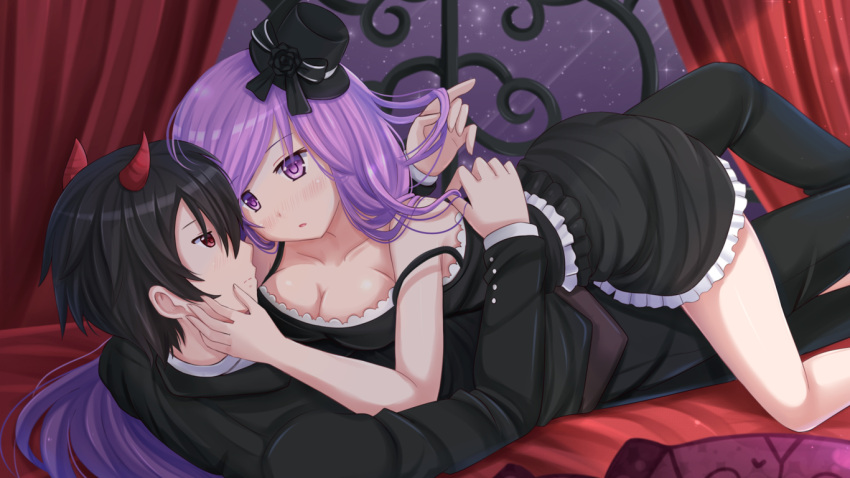 1boy, 1girl, black_hair, blush, breasts, cleavage, dress, eye_contact