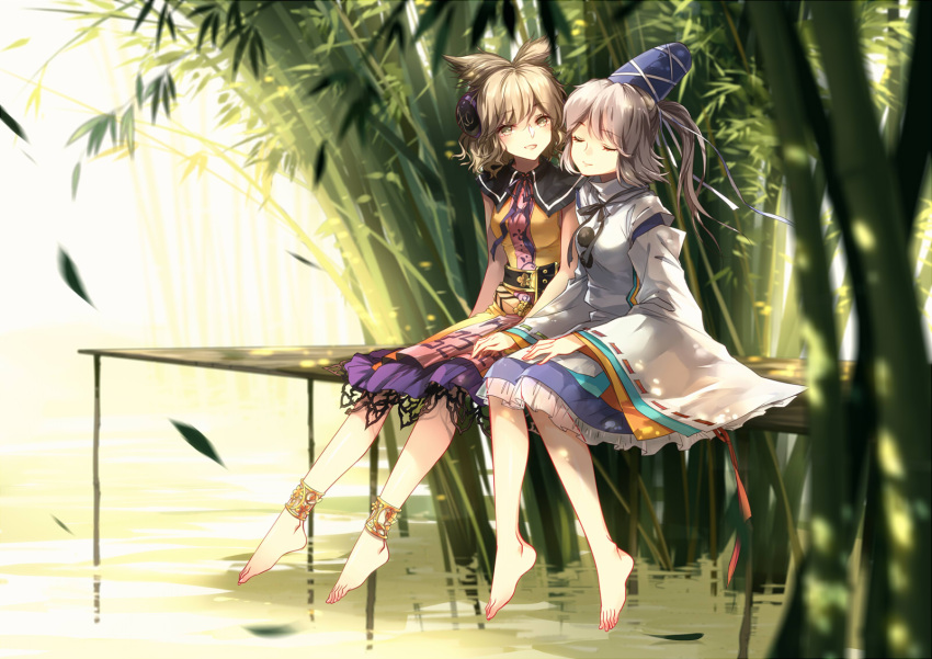 2girls, anklet, bamboo, barefoot, belt, blonde_hair, hat, hat_ribbon, headphones, highres, jetty, jewelry, kieta, long_sleeves, mononobe_no_futo, multiple_girls, open_mouth, pond, ponytail, ribbon, shirt, silver_hair, sitting, skirt, sleeveless, sleeveless_shirt, smile, touhou, toyosatomimi_no_miko, wide_sleeves, yellow_eyes