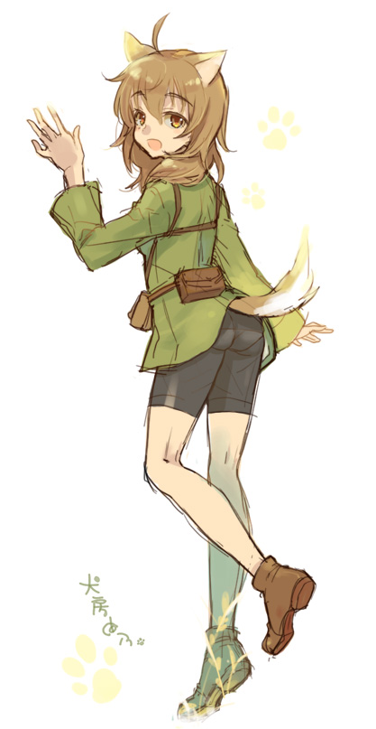 1girl, ahoge, animal_ears, ass, bike_shorts, brown_eyes, brown_hair, butt_crack