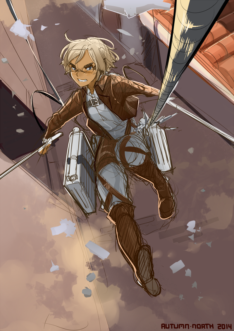 1girl, autumn-north, bared_teeth, blonde_hair, blue_eyes, boots, dual_wielding, eyebrows