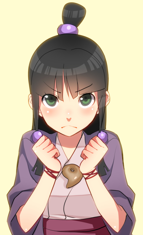 1girl, ayasato_mayoi, black_hair, bracelet, bu-kunn, bust, frown, green_eyes, gyakuten_saiban, japanese_clothes, jewelry, long_hair, magatama, solo, topknot, yellow_background