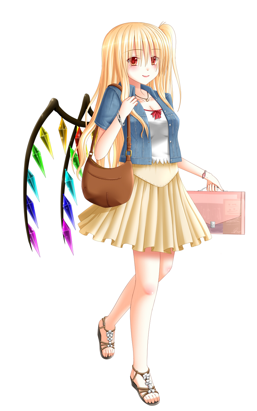 1girl, bag, blonde_hair, blush, breasts, dotera-otoko, flandre_scarlet, handbag, highres, light_smile, long_hair, older, red_lips, sandals, side_ponytail, skirt, solo, touhou, wings