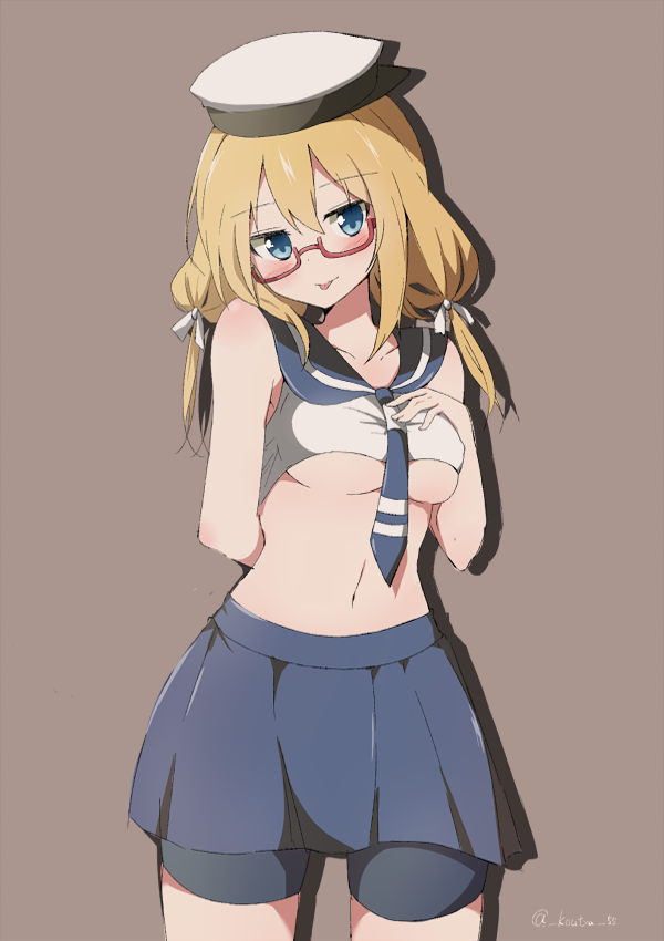 1girl, :p, bare_shoulders, bike_shorts, blonde_hair, breasts, glasses, hair_ribbon