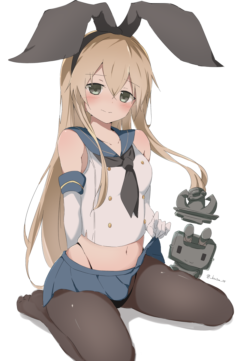 1girl, anchor, black_panties, blonde_hair, blush, elbow_gloves, flat_chest, gloves