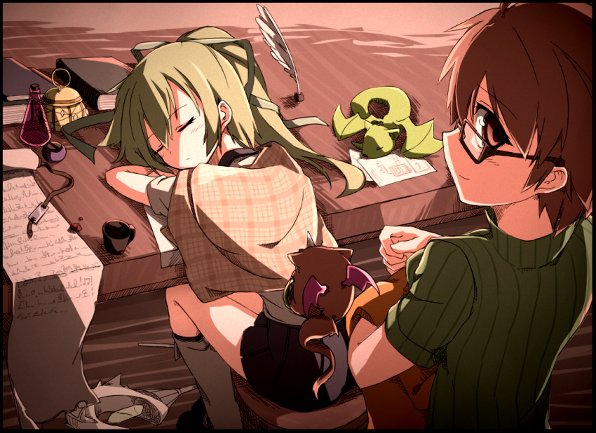2girls, archfiend_marmot_of_nefariousness, aussa, book, bottle, brown_eyes, brown_hair, duel_monster