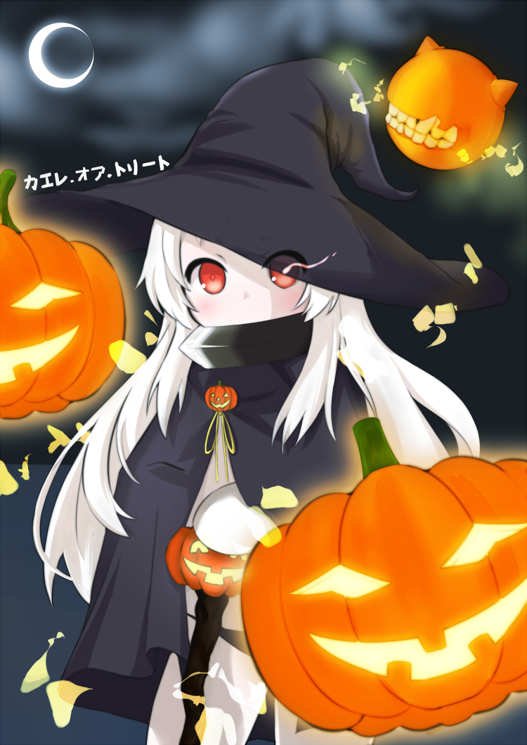 1girl, alternate_costume, ayumu_(ayumu3659), black_panties, cape, halloween, hat, jack-o'-lantern