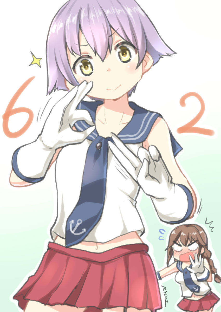 /\/\/\, 2girls, absurdres, anchor_symbol, bare_shoulders, blush, braid, brown_hair