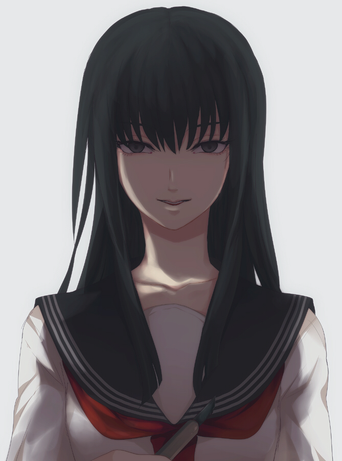 black_eyes, black_hair, blunt_bangs, grin, harano, hime_cut, iwashita_akemi, knife