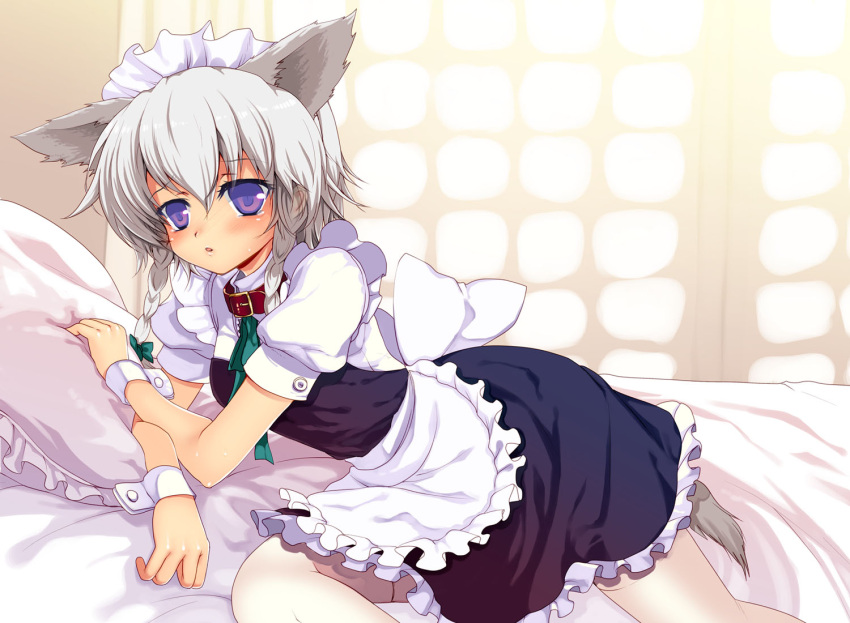 1girl, bed, braid, dog_ears, dog_tail, hairband, hanao_(kuma-tan_flash!), inumimi
