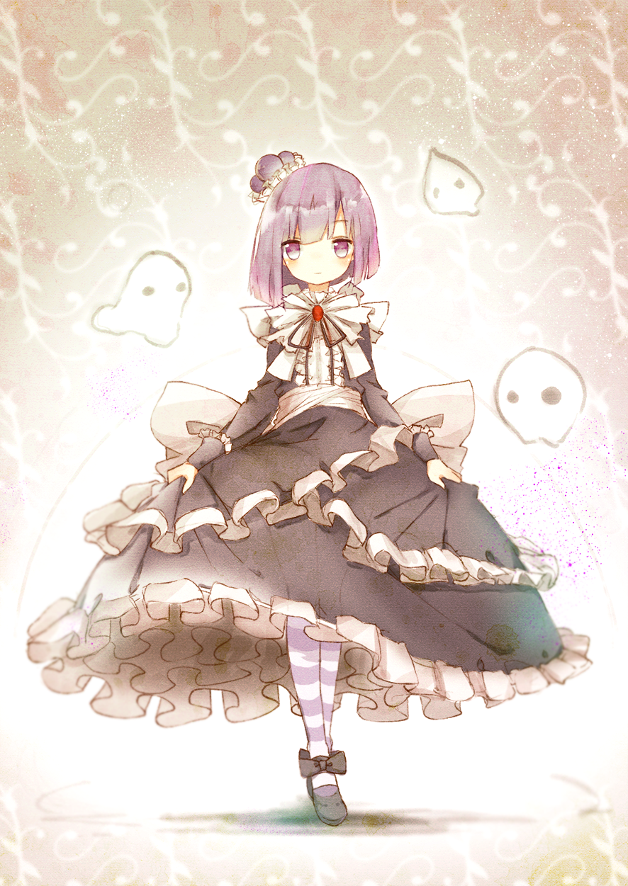 1girl, black_dress, blackberry_cookie, blush, bow, cielu, cookie_run, crown, dress, ghost, highres, long_sleeves, pantyhose, purple_hair, solo, striped, striped_legwear, vertical-striped_legwear, vertical_stripes, violet_eyes