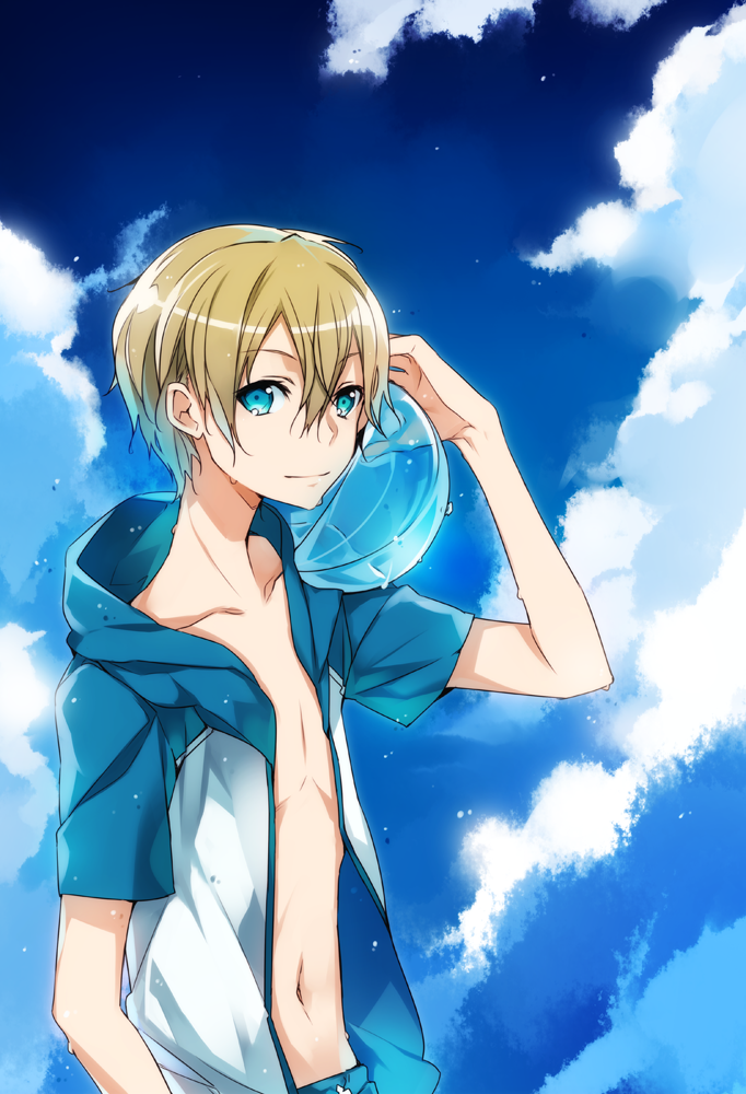 1boy, ball, beachball, blonde_hair, clouds, eugeo, green_eyes, hoodie