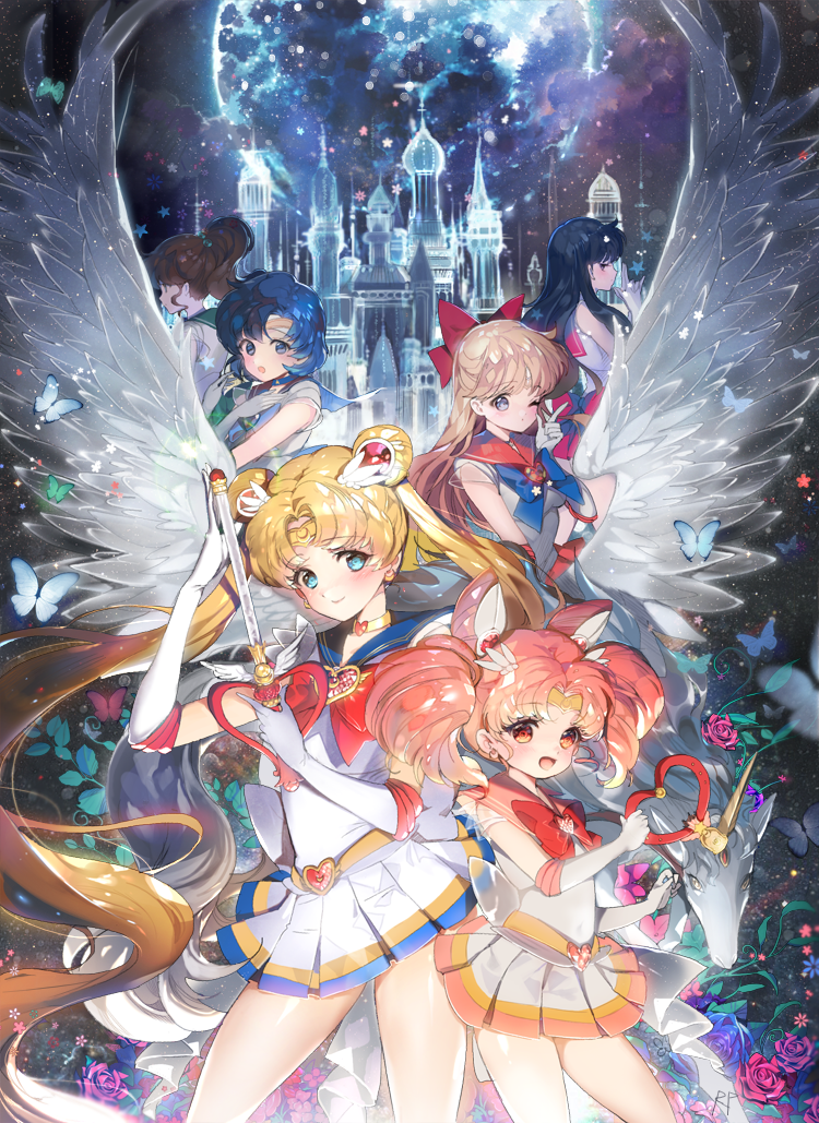 6+girls, aino_minako, bishoujo_senshi_sailor_moon, black_hair, blonde_hair, blue_eyes, blue_hair, bow