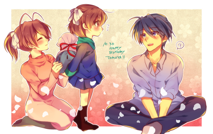 1boy, 2girls, blue_eyes, blue_hair, brown_eyes, brown_hair, clannad, closed_eyes, dango_daikazoku, family, furukawa_nagisa, happy_birthday, multiple_girls, okazaki_tomoya, okazaki_ushio, ponytail, shiroto_iku, short_hair