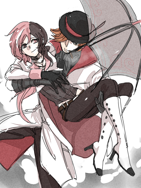 1boy, 1girl, carrying, neo_(rwby), princess_carry, roman_torchwick, rwby, signalkj