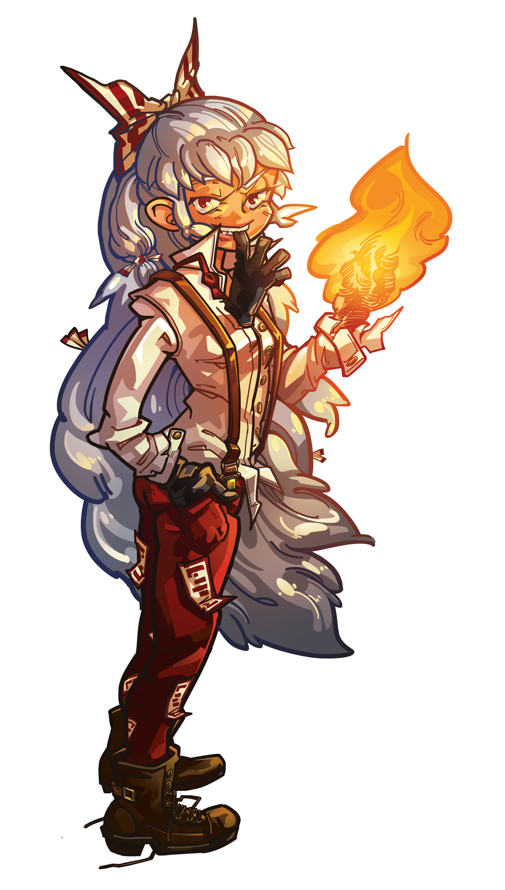 1girl, biting, boots, brown_boots, fire, flame, fujiwara_no_mokou, full_body, glove_biting, gloves, gloves_removed, grin, hair_ribbon, half_updo, highres, long_hair, looking_at_viewer, mouth_hold, ofuda, popped_collar, red_eyes, red_pants, ribbon, silver_hair, single_glove, smile, solo, standing, suspenders, taipoh, touhou, very_long_hair, white_background