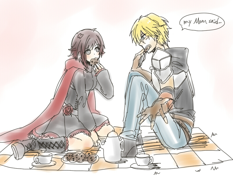 1boy, 1girl, cookie, cup, eating, food, jaune_arc, picnic, ruby_rose, rwby, signalkj, sitting, tea, teacup