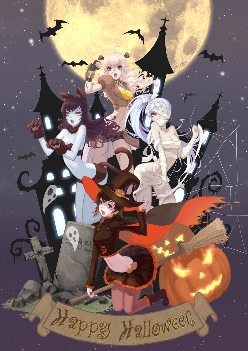 4girls, animal_costume, animal_ears, bandages, bare_shoulders, bat, black, blake_belladonna