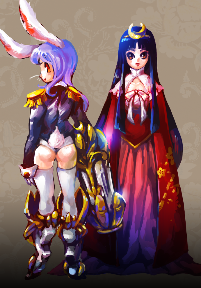 2girls, alternate_costume, animal_ears, armor, bangs, black_hair, blunt_bangs, bunny_tail, cloak, epaulettes, from_behind, full_body, houraisan_kaguya, long_hair, multiple_girls, princess, profile, purple_hair, rabbit_ears, reisen_udongein_inaba, tail, taipoh, thigh-highs, tiara, touhou, weapon, white_legwear