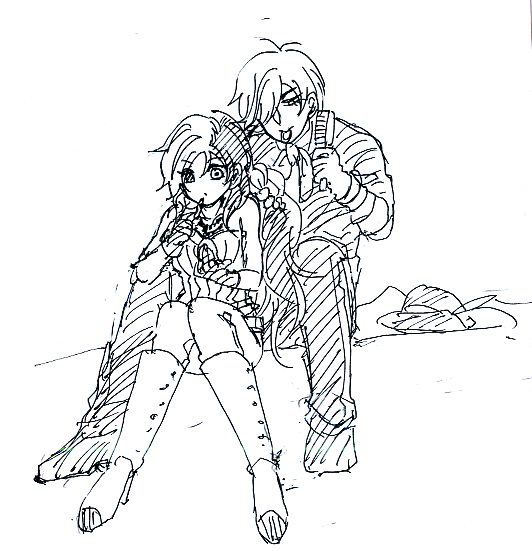 1boy, 1girl, hair_brushing, monochrome, mouth_hold, neo_(rwby), roman_torchwick, rwby
